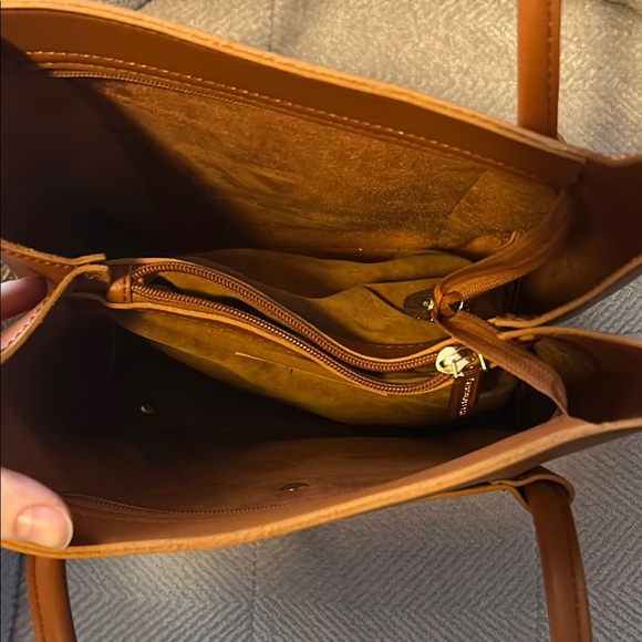 Expressions NYC Brown Vegan Leather Tote Bag with Pom Pom Charm - Picture 4 of 6